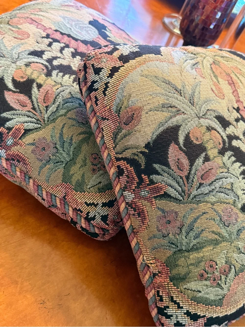 Vintage Aubusson Tapestry Needlepoint Palm Tree Pillows 18x18 - Pair